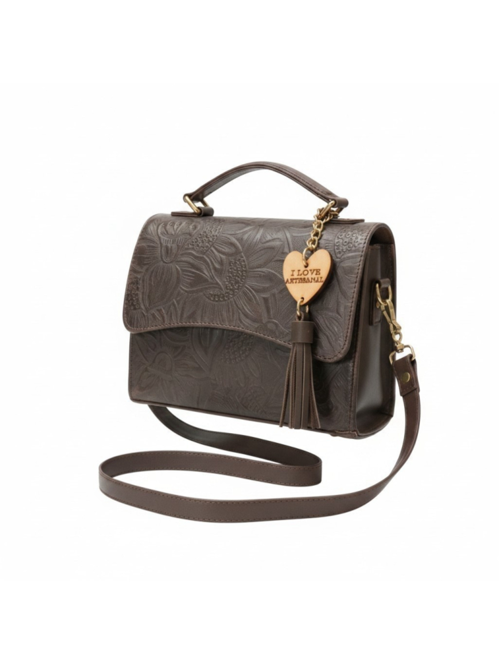 Dark Chocolate Brown Sunflower Embossed Tooled Artisan Leather Crossbody Bag - Picture 2 of 16